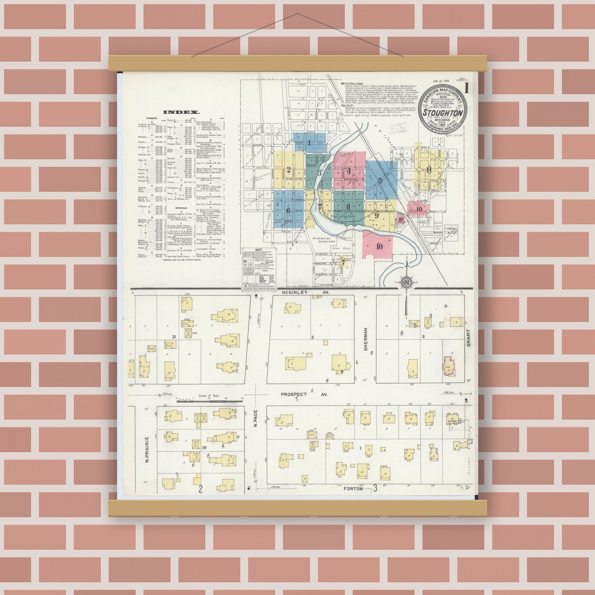 Old map wall art mockup — magnetic wood frame on brick wall — Sanborn Fire Insurance Map from Stoughton, Dane County, Wisconsin (1912), Sheet #0001
