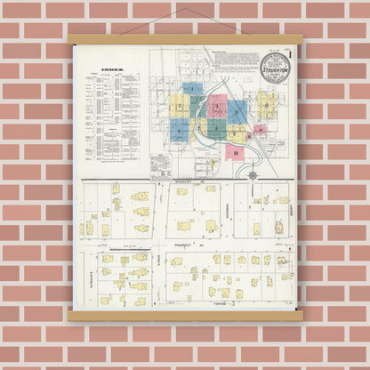 Old map wall art mockup — magnetic wood frame on brick wall — Sanborn Fire Insurance Map from Stoughton, Dane County, Wisconsin (1912), Sheet #0001