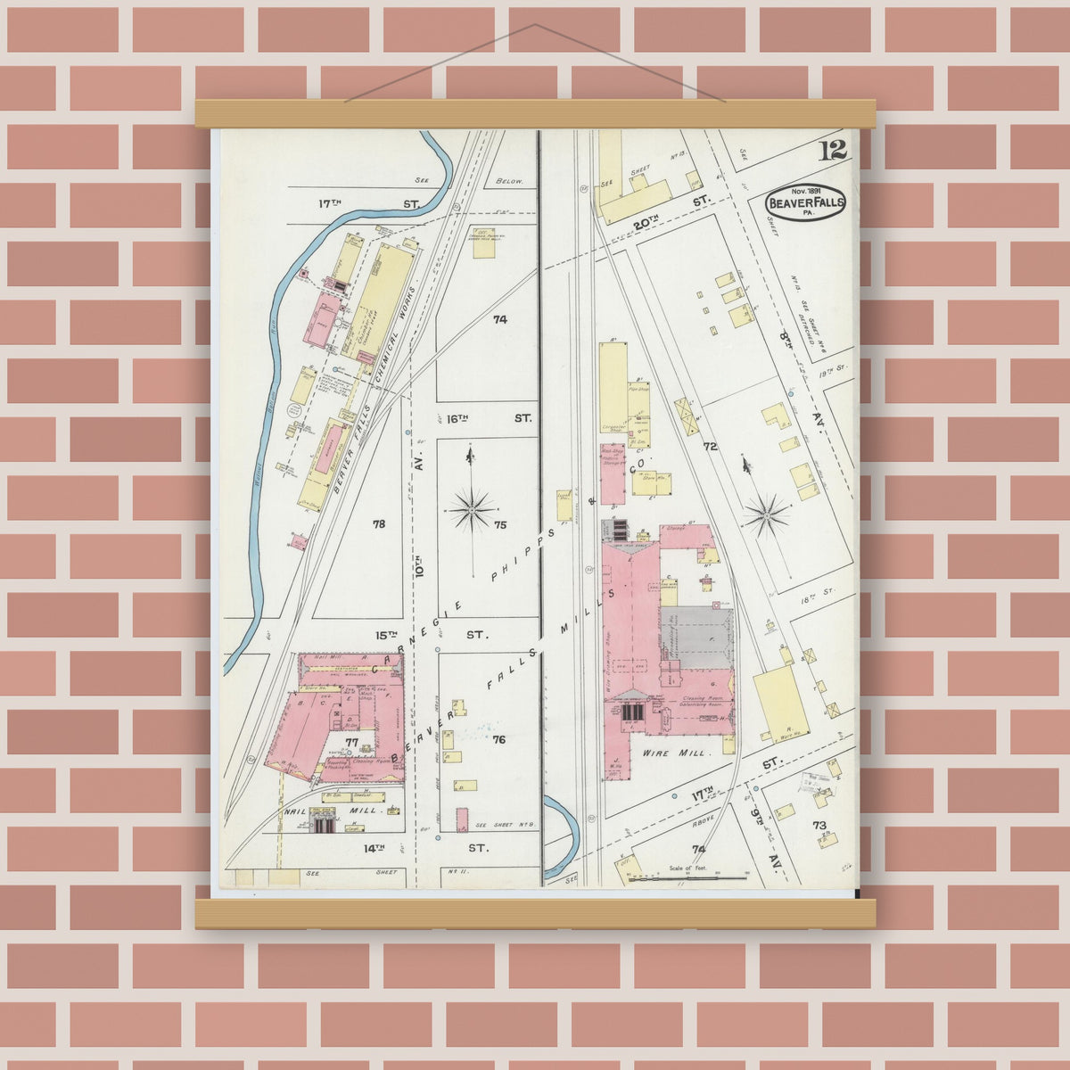 Old map wall art mockup — magnetic wood frame on brick wall — Sanborn Fire Insurance Map from Beaver Falls, Beaver County, Pennsylvania (1891), Sheet #0012