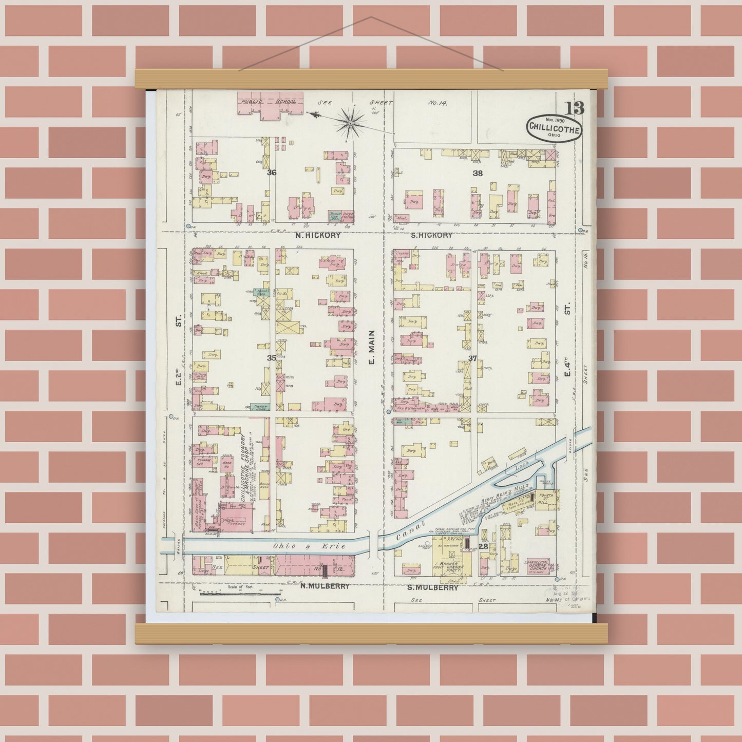 Old map wall art mockup — magnetic wood frame on brick wall — Sanborn Fire Insurance Map from Chillicothe, Ross County, Ohio (1890), Sheet #0013