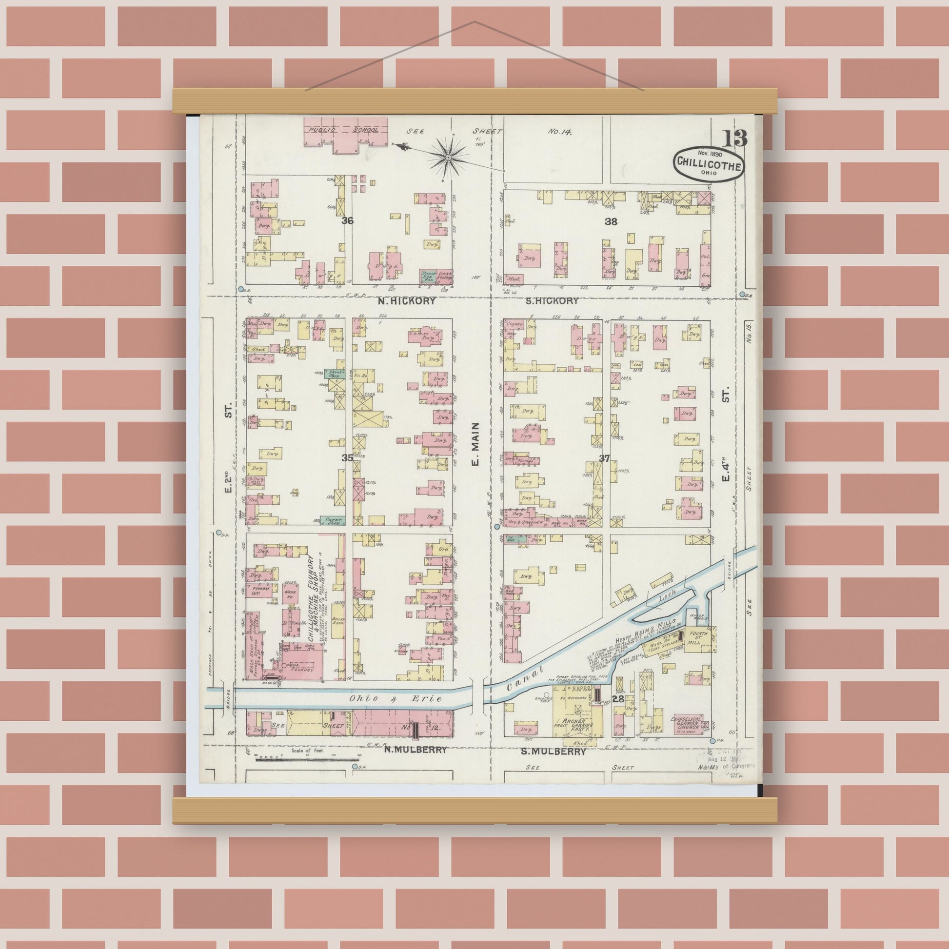 Old map wall art mockup — magnetic wood frame on brick wall — Sanborn Fire Insurance Map from Chillicothe, Ross County, Ohio (1890), Sheet #0013
