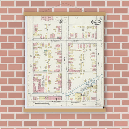 Old map wall art mockup — magnetic wood frame on brick wall — Sanborn Fire Insurance Map from Chillicothe, Ross County, Ohio (1890), Sheet #0013
