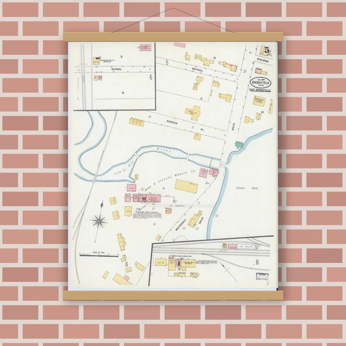 Old map wall art mockup — magnetic wood frame on brick wall — Sanborn Fire Insurance Map from Brookfield, Worcester County, Massachusetts (1904), Sheet #0005