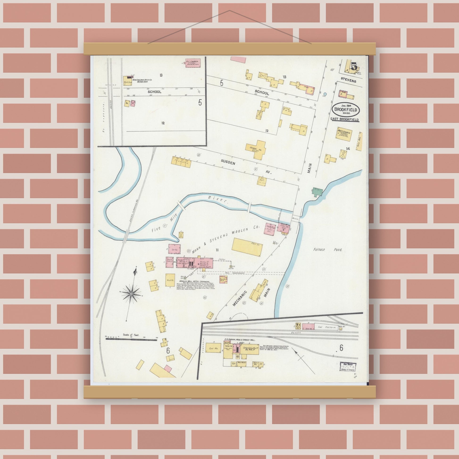 Old map wall art mockup — magnetic wood frame on brick wall — Sanborn Fire Insurance Map from Brookfield, Worcester County, Massachusetts (1904), Sheet #0005
