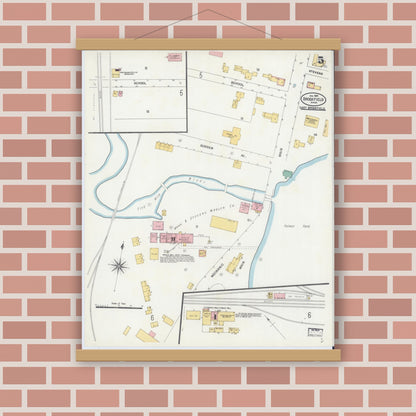 Old map wall art mockup — magnetic wood frame on brick wall — Sanborn Fire Insurance Map from Brookfield, Worcester County, Massachusetts (1904), Sheet #0005