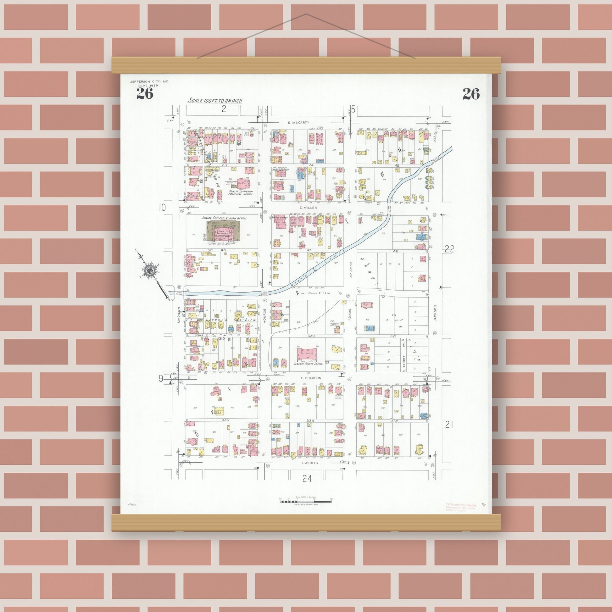Old map wall art mockup — magnetic wood frame on brick wall — Sanborn Fire Insurance Map from Jefferson City, Cole County, Missouri (1939), Sheet #0026