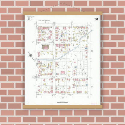Old map wall art mockup — magnetic wood frame on brick wall — Sanborn Fire Insurance Map from Jefferson City, Cole County, Missouri (1939), Sheet #0026