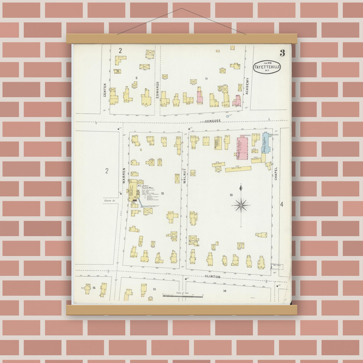 Old map wall art mockup — magnetic wood frame on brick wall — Sanborn Fire Insurance Map from Fayetteville, Onondaga County, New York (1896), Sheet #0003