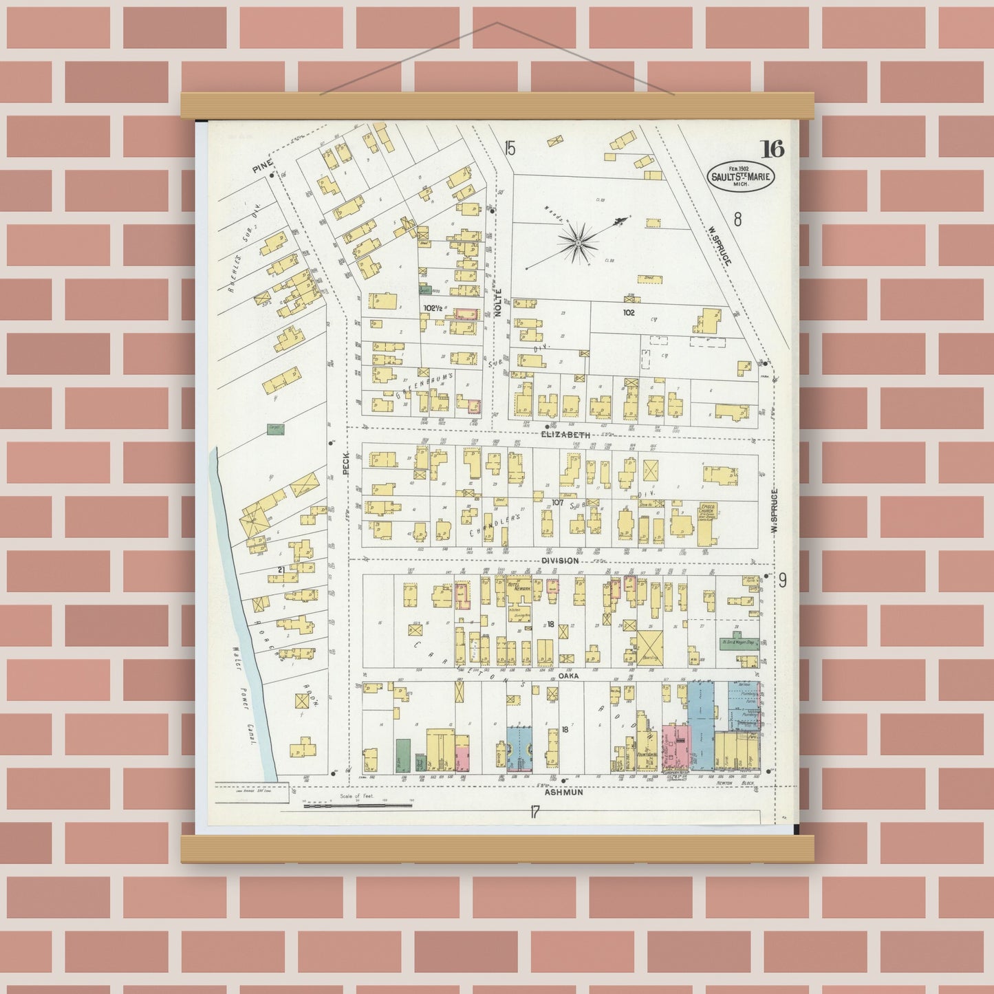 Old map wall art mockup — magnetic wood frame on brick wall — Sanborn Fire Insurance Map from Sault Sainte Marie, Chippewa County, Michigan (1902), Sheet #0016