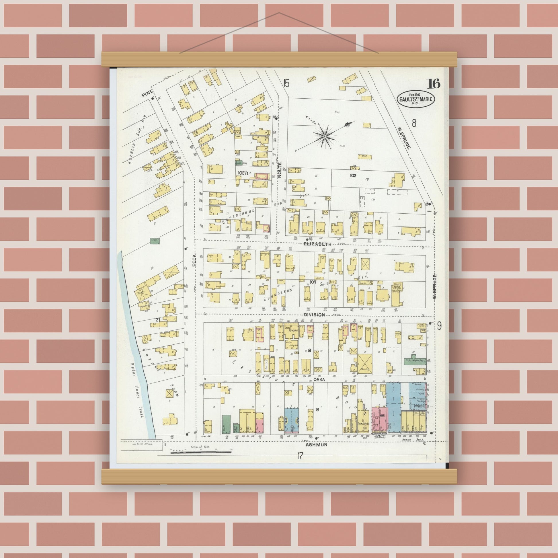 Old map wall art mockup — magnetic wood frame on brick wall — Sanborn Fire Insurance Map from Sault Sainte Marie, Chippewa County, Michigan (1902), Sheet #0016