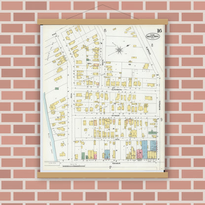 Old map wall art mockup — magnetic wood frame on brick wall — Sanborn Fire Insurance Map from Sault Sainte Marie, Chippewa County, Michigan (1902), Sheet #0016