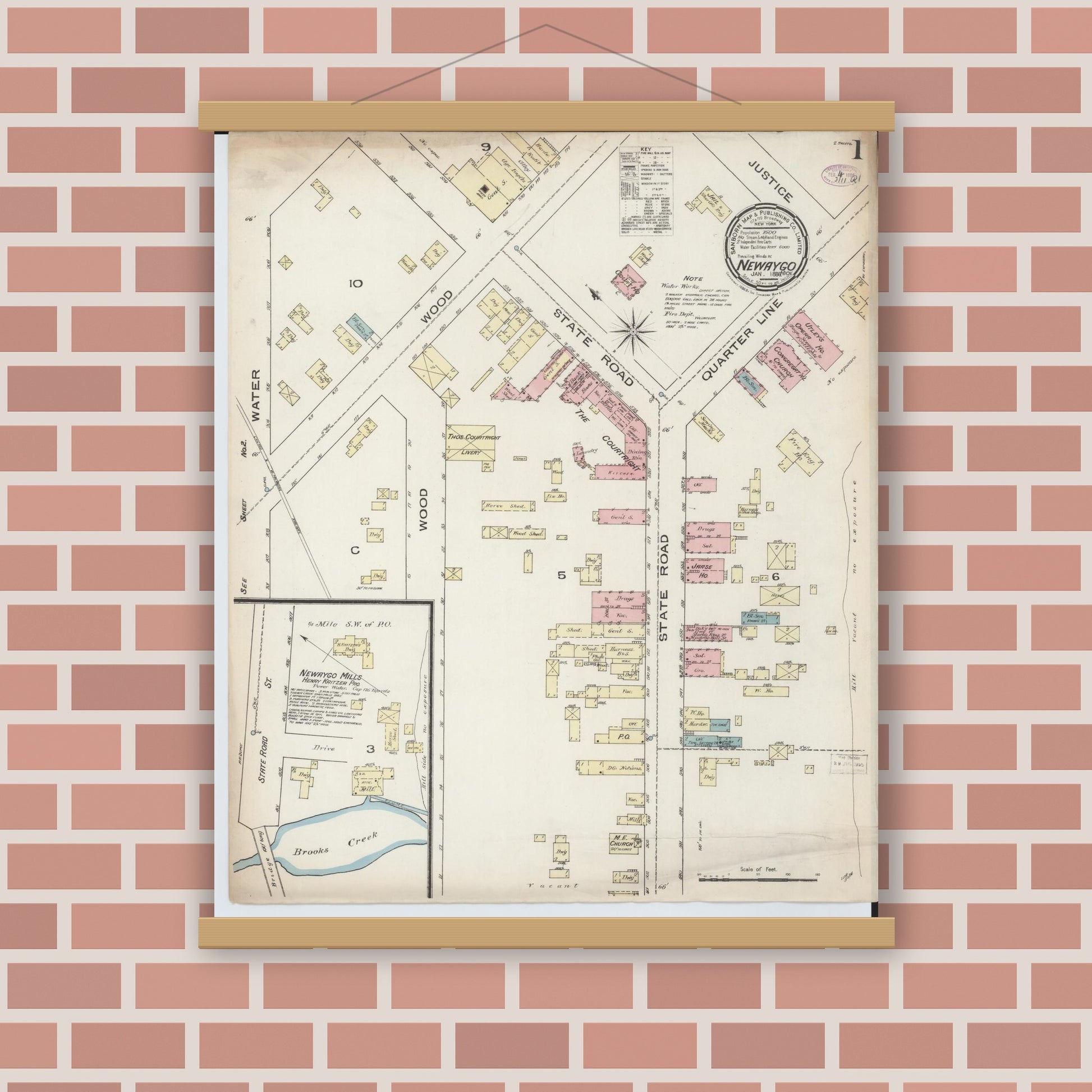 Old map wall art mockup — magnetic wood frame on brick wall — Sanborn Fire Insurance Map from Newaygo, Newaygo County, Michigan (1886) - Complete Map Set
