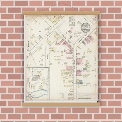 Old map wall art mockup — magnetic wood frame on brick wall — Sanborn Fire Insurance Map from Newaygo, Newaygo County, Michigan (1886) - Complete Map Set