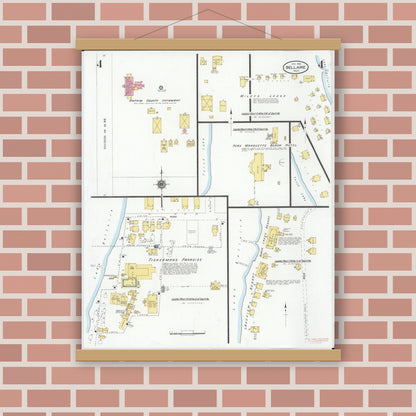 Old map wall art mockup — magnetic wood frame on brick wall — Sanborn Fire Insurance Map from Bellaire, Antrim County, Michigan (1929), Sheet #0004
