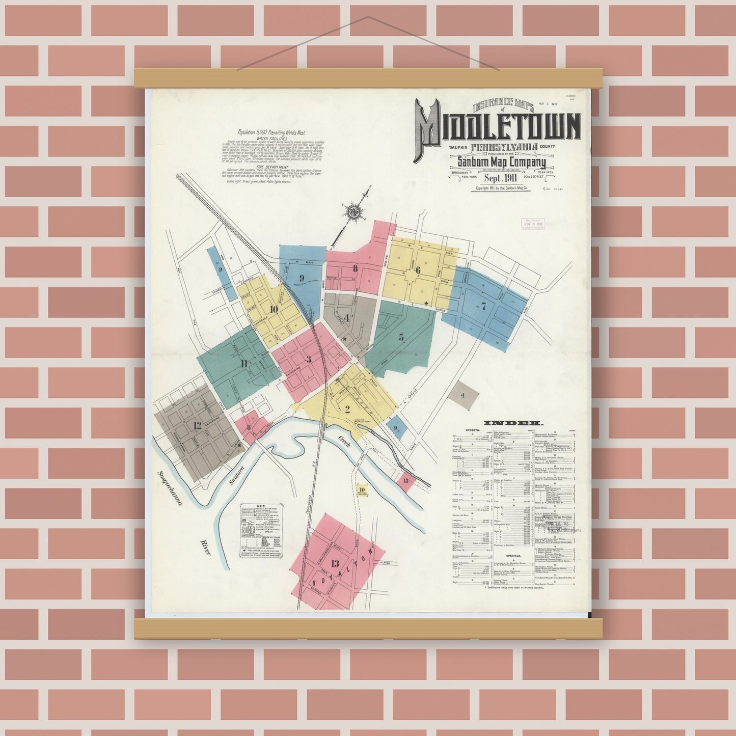 Old map wall art mockup — magnetic wood frame on brick wall — Sanborn Fire Insurance Map from Middletown, Dauphin County, Pennsylvania (1911) - Complete Map Set