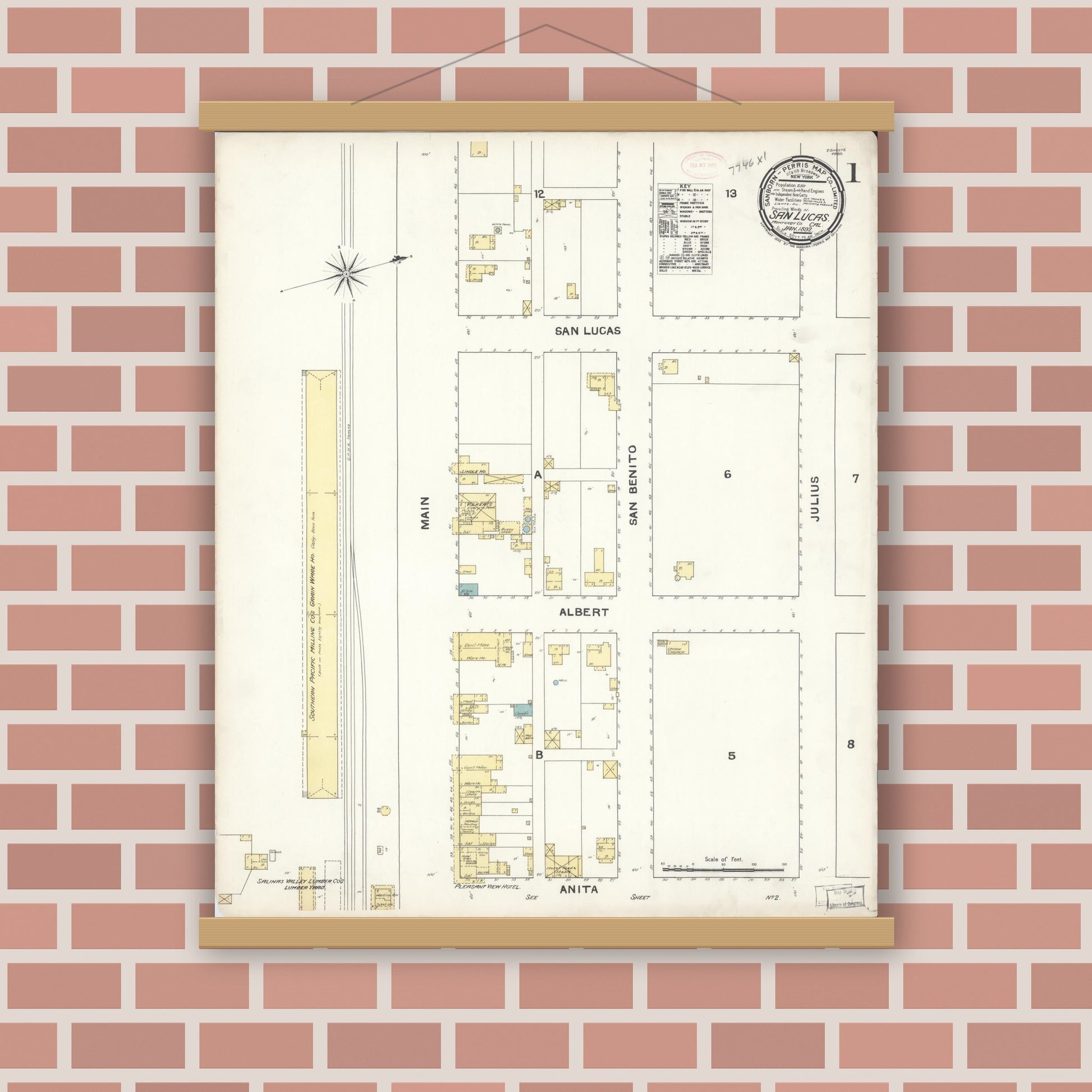 Old map wall art mockup — magnetic wood frame on brick wall — Sanborn Fire Insurance Map from San Lucas, Monterey County, California (1892) - Complete Map Set
