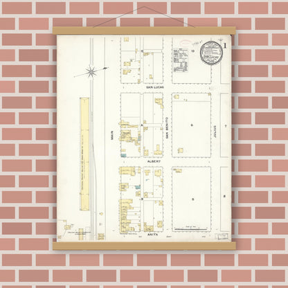 Old map wall art mockup — magnetic wood frame on brick wall — Sanborn Fire Insurance Map from San Lucas, Monterey County, California (1892) - Complete Map Set