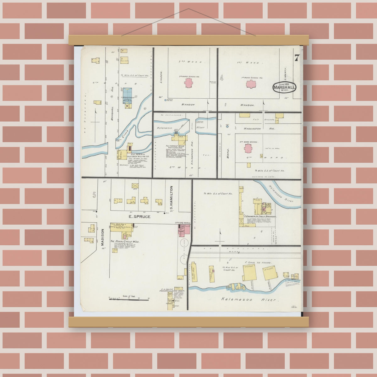 Old map wall art mockup — magnetic wood frame on brick wall — Sanborn Fire Insurance Map from Marshall, Calhoun County, Michigan (1893), Sheet #0007