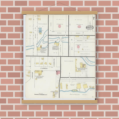 Old map wall art mockup — magnetic wood frame on brick wall — Sanborn Fire Insurance Map from Marshall, Calhoun County, Michigan (1893), Sheet #0007