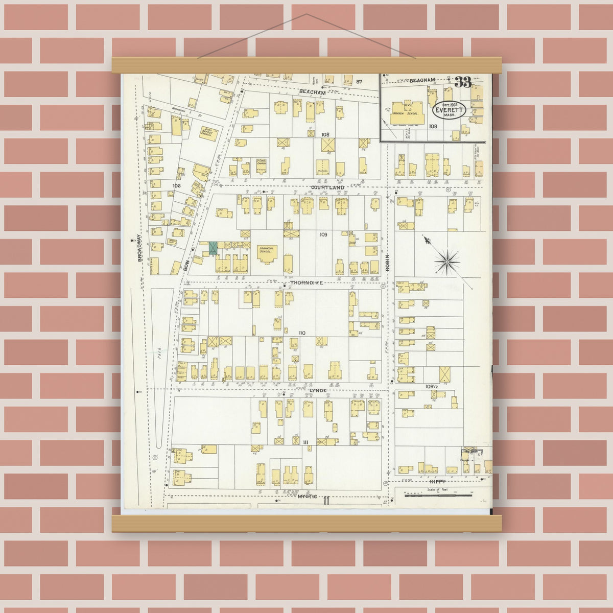 Old map wall art mockup — magnetic wood frame on brick wall — Sanborn Fire Insurance Map from Everett, Middlesex County, Massachusetts (1903), Sheet #0033