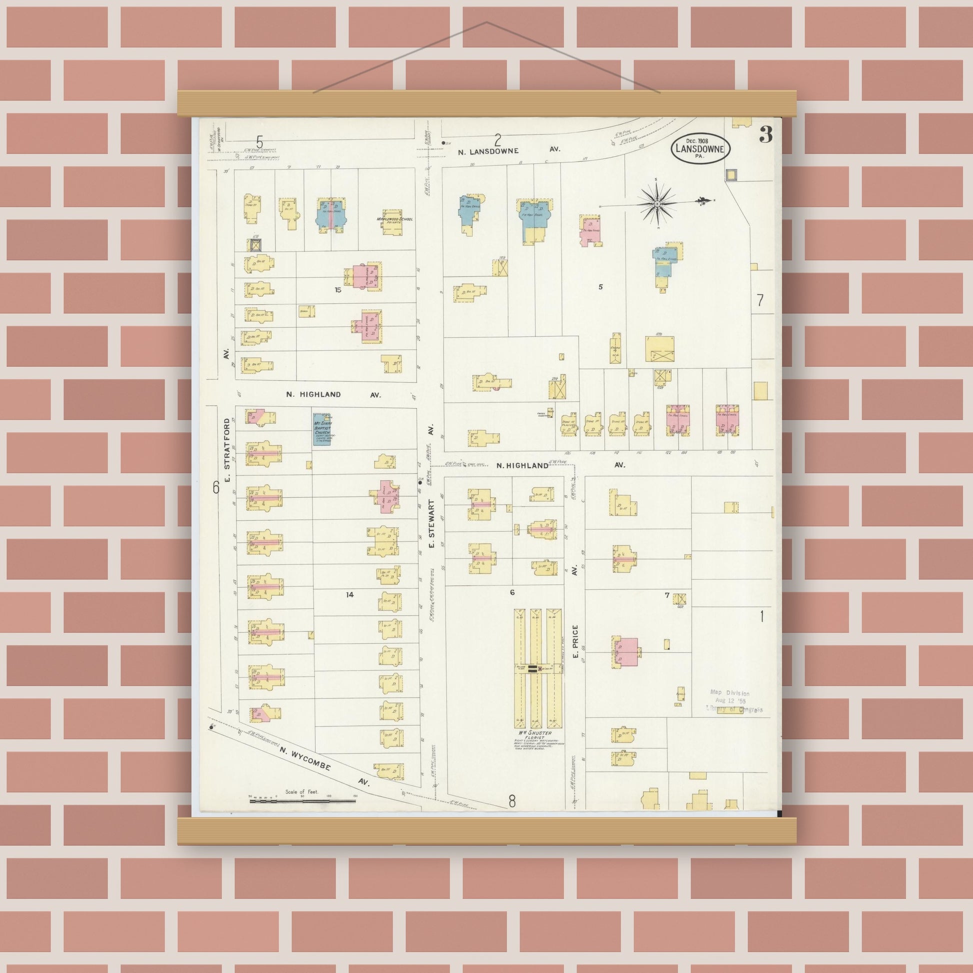 Old map wall art mockup — magnetic wood frame on brick wall — Sanborn Fire Insurance Map from Lansdowne, Delaware County, Pennsylvania (1908), Sheet #0003