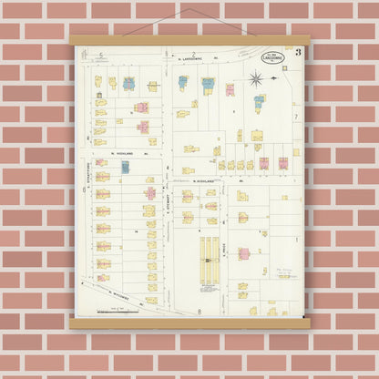 Old map wall art mockup — magnetic wood frame on brick wall — Sanborn Fire Insurance Map from Lansdowne, Delaware County, Pennsylvania (1908), Sheet #0003