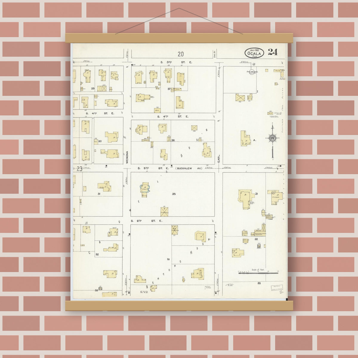 Old map wall art mockup — magnetic wood frame on brick wall — Sanborn Fire Insurance Map from Ocala, Marion County, Florida (1912), Sheet #0024