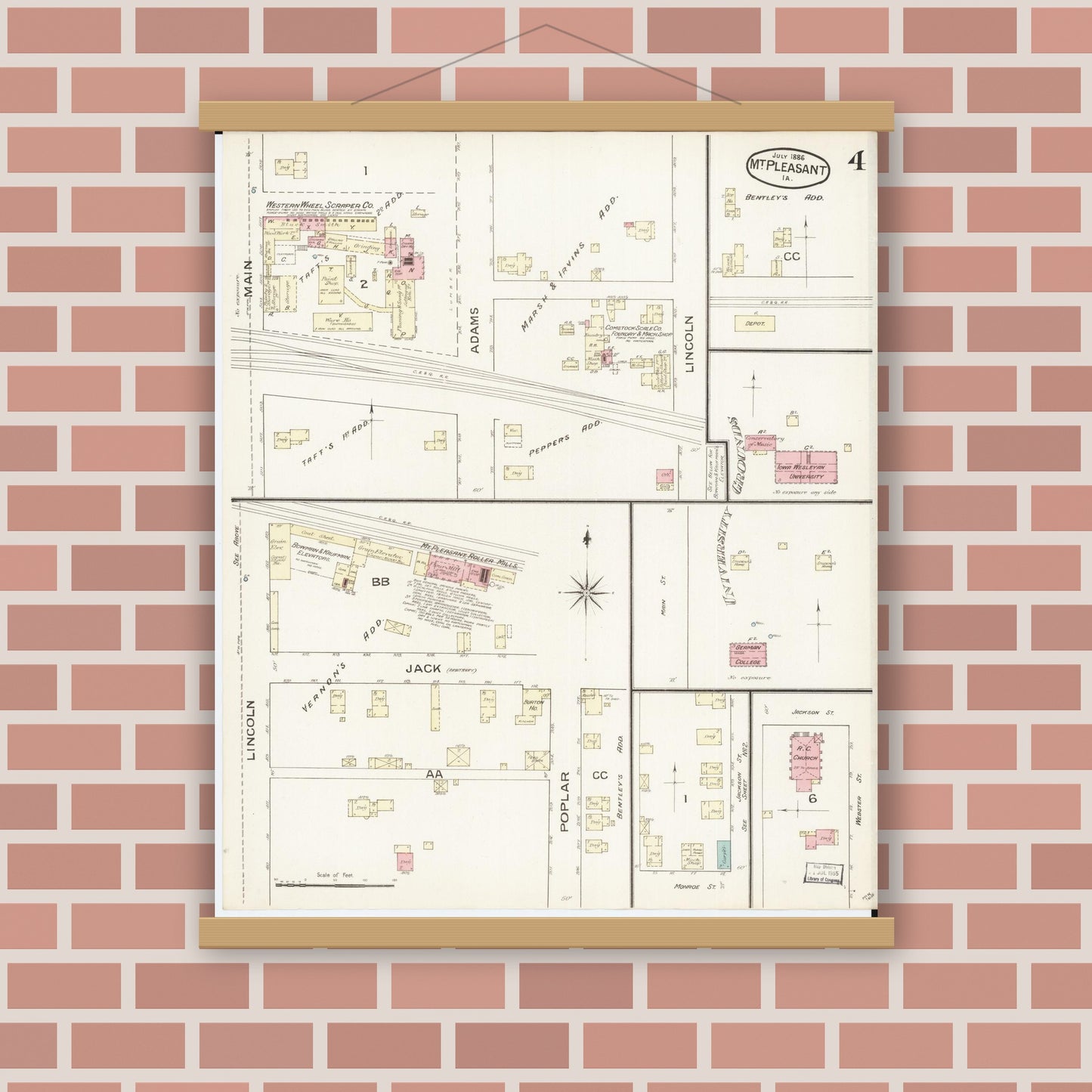 Old map wall art mockup — magnetic wood frame on brick wall — Sanborn Fire Insurance Map from Mount Pleasant, Henry County, Iowa (1886), Sheet #0004