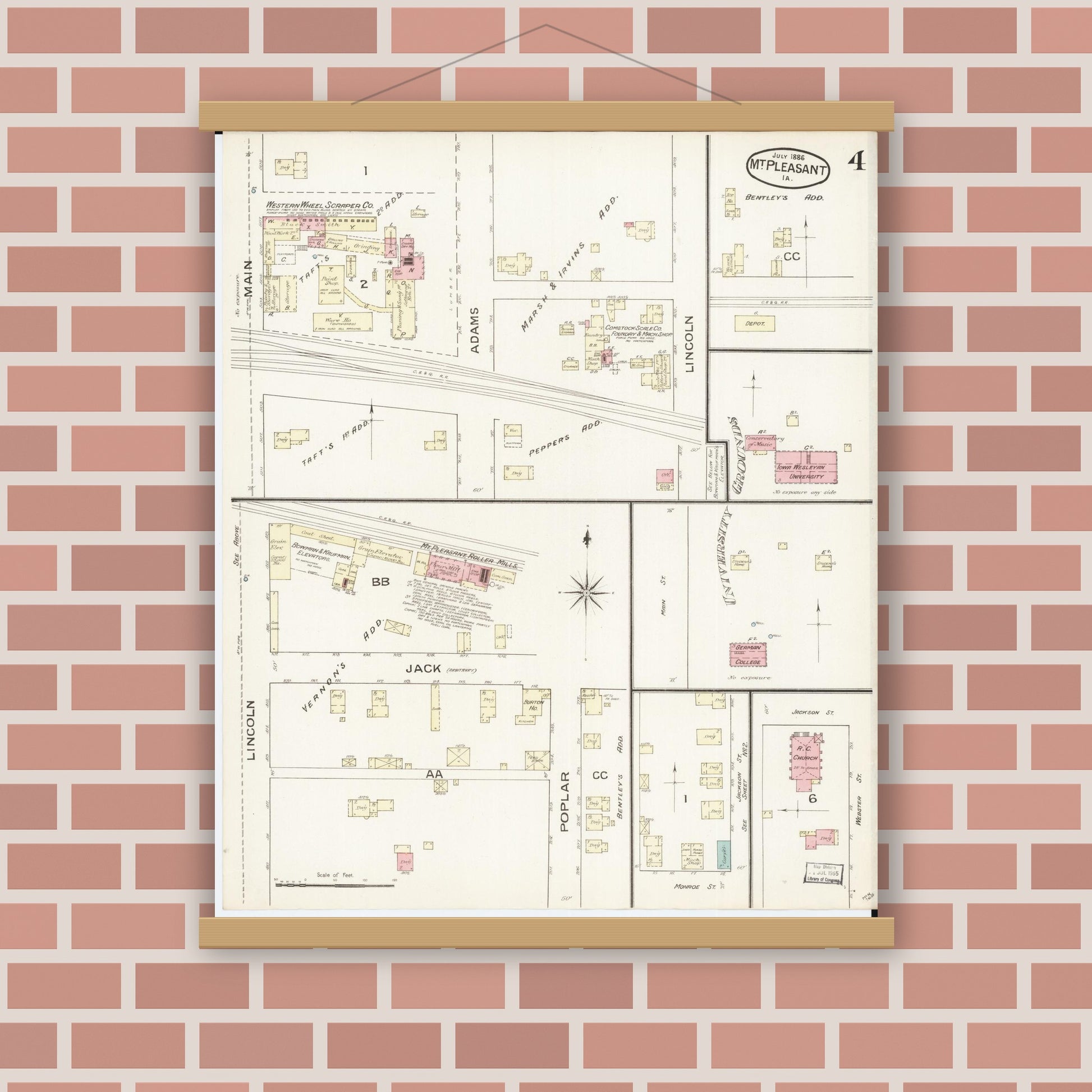 Old map wall art mockup — magnetic wood frame on brick wall — Sanborn Fire Insurance Map from Mount Pleasant, Henry County, Iowa (1886), Sheet #0004
