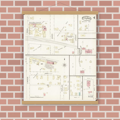 Old map wall art mockup — magnetic wood frame on brick wall — Sanborn Fire Insurance Map from Mount Pleasant, Henry County, Iowa (1886), Sheet #0004