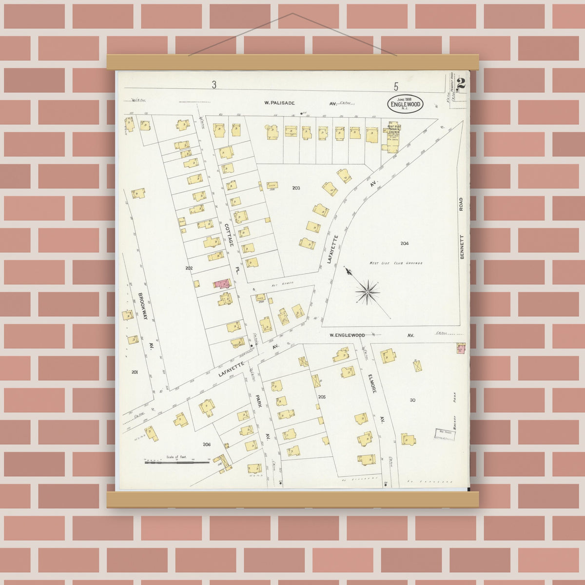Old map wall art mockup — magnetic wood frame on brick wall — Sanborn Fire Insurance Map from Englewood, Bergen County, New Jersey (1908) - Complete Map Set