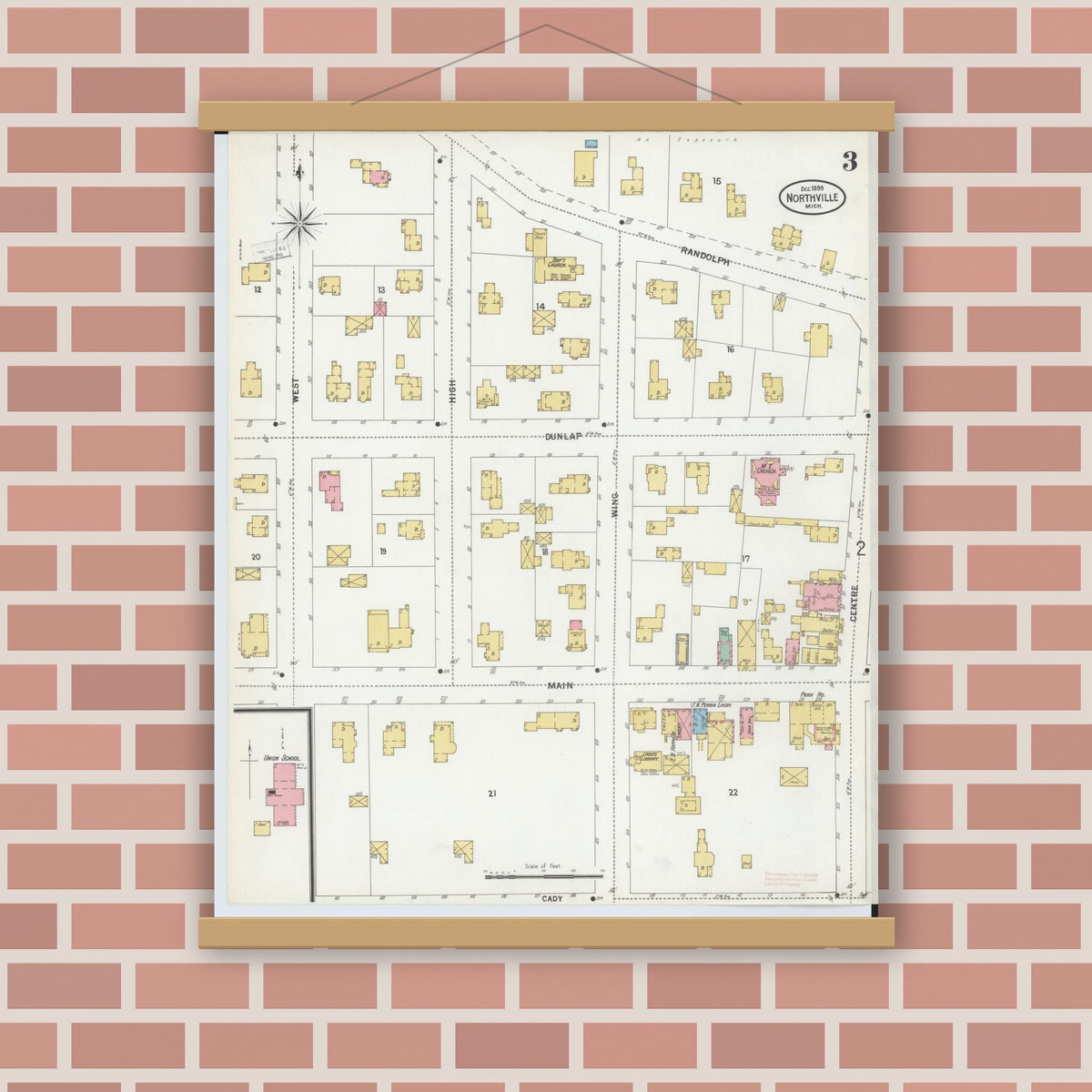Old map wall art mockup — magnetic wood frame on brick wall — Sanborn Fire Insurance Map from Northville, Wayne County, Michigan (1899), Sheet #0003