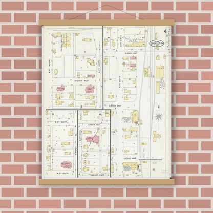 Old map wall art mockup — magnetic wood frame on brick wall — Sanborn Fire Insurance Map from Carrollton, Greene County, Illinois (1898), Sheet #0004