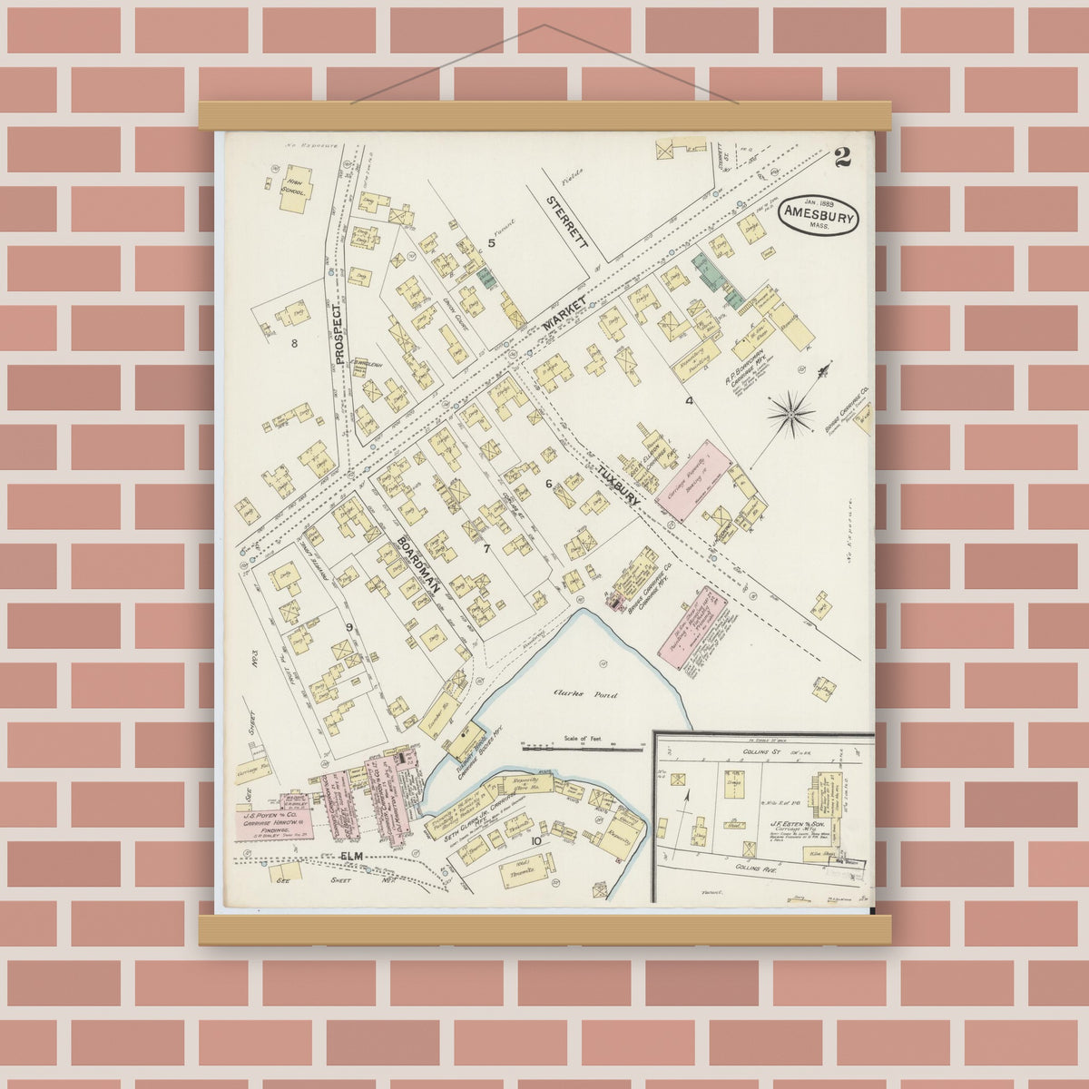 Old map wall art mockup — magnetic wood frame on brick wall — Sanborn Fire Insurance Map from Amesbury, Essex County, Massachusetts (1889), Sheet #0002