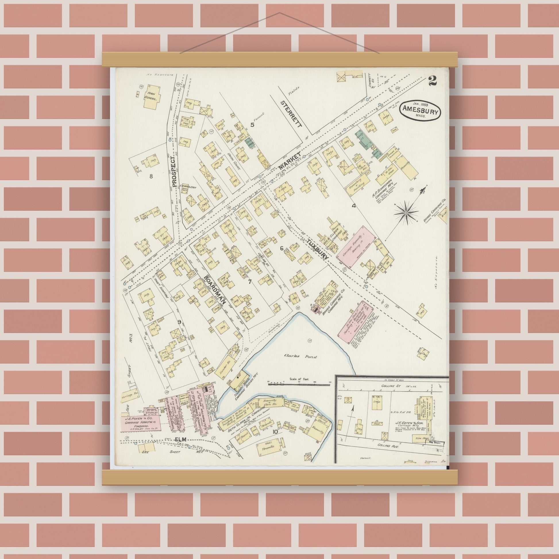 Old map wall art mockup — magnetic wood frame on brick wall — Sanborn Fire Insurance Map from Amesbury, Essex County, Massachusetts (1889), Sheet #0002