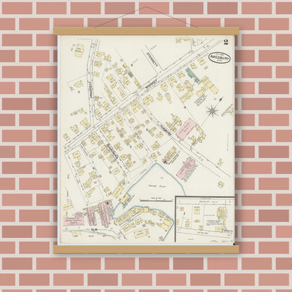 Old map wall art mockup — magnetic wood frame on brick wall — Sanborn Fire Insurance Map from Amesbury, Essex County, Massachusetts (1889), Sheet #0002
