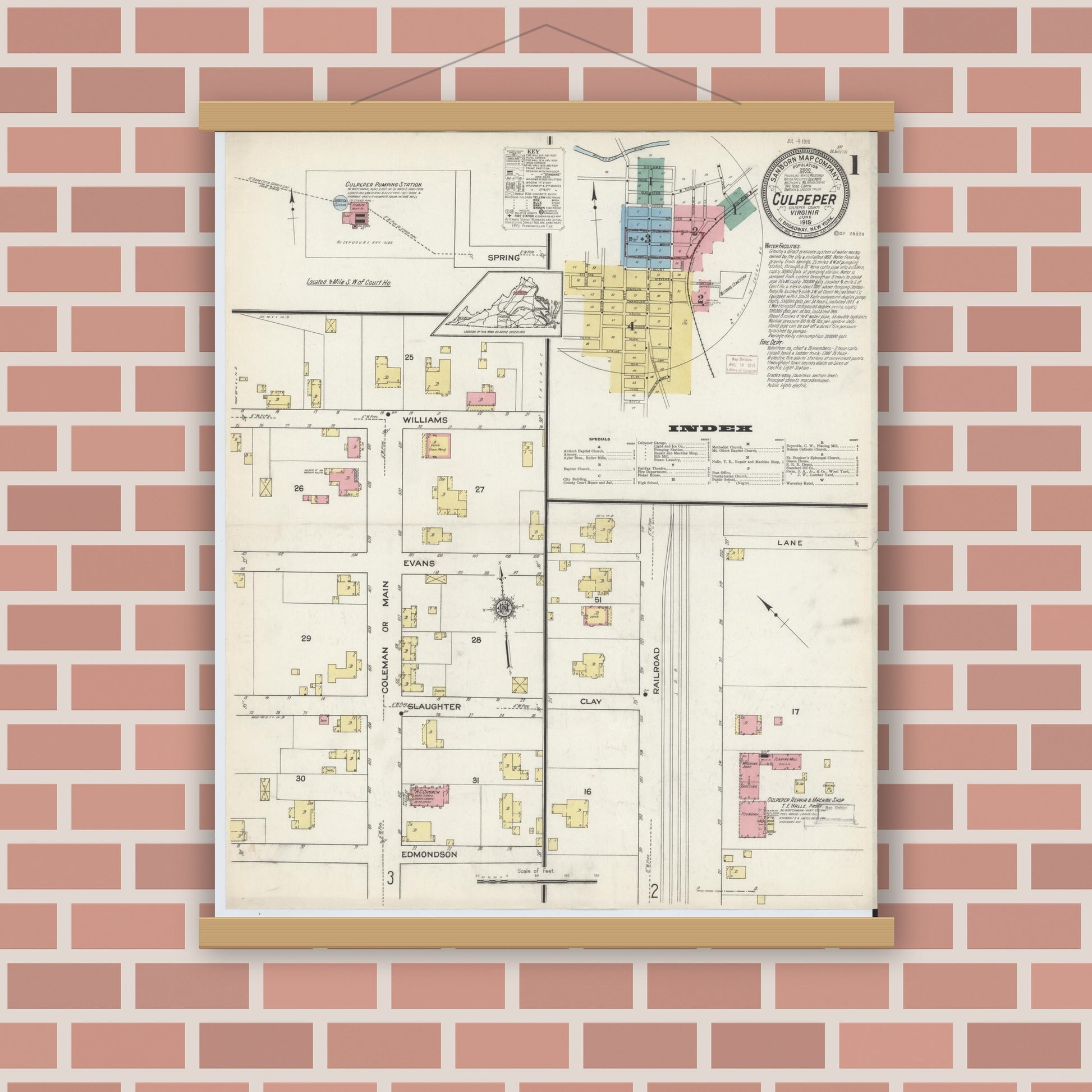 Old map wall art mockup — magnetic wood frame on brick wall — Sanborn Fire Insurance Map from Culpeper, Culpeper County, Virginia (1915) - Complete Map Set