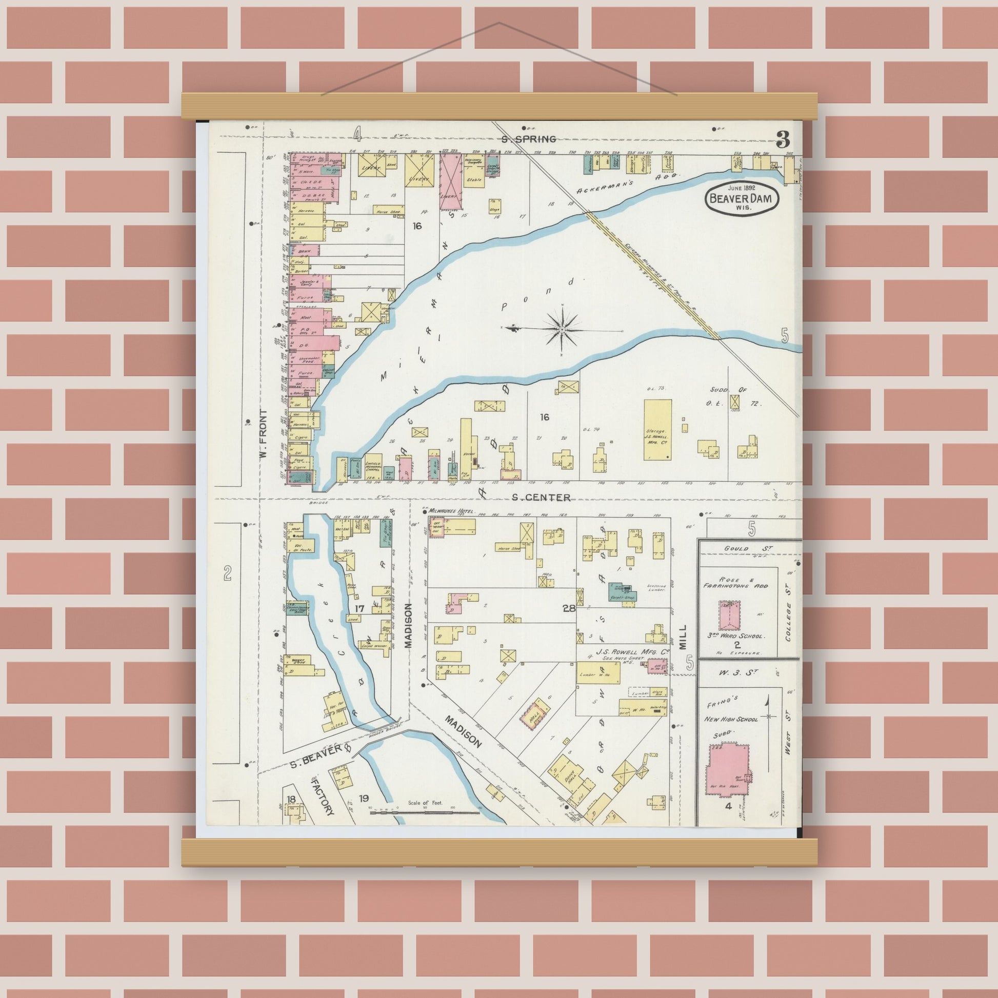 Old map wall art mockup — magnetic wood frame on brick wall — Sanborn Fire Insurance Map from Beaver Dam, Dodge County, Wisconsin (1892), Sheet #0003