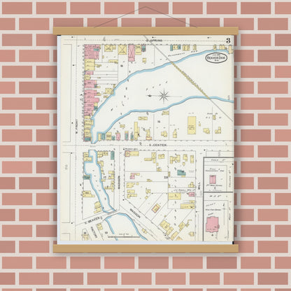 Old map wall art mockup — magnetic wood frame on brick wall — Sanborn Fire Insurance Map from Beaver Dam, Dodge County, Wisconsin (1892), Sheet #0003