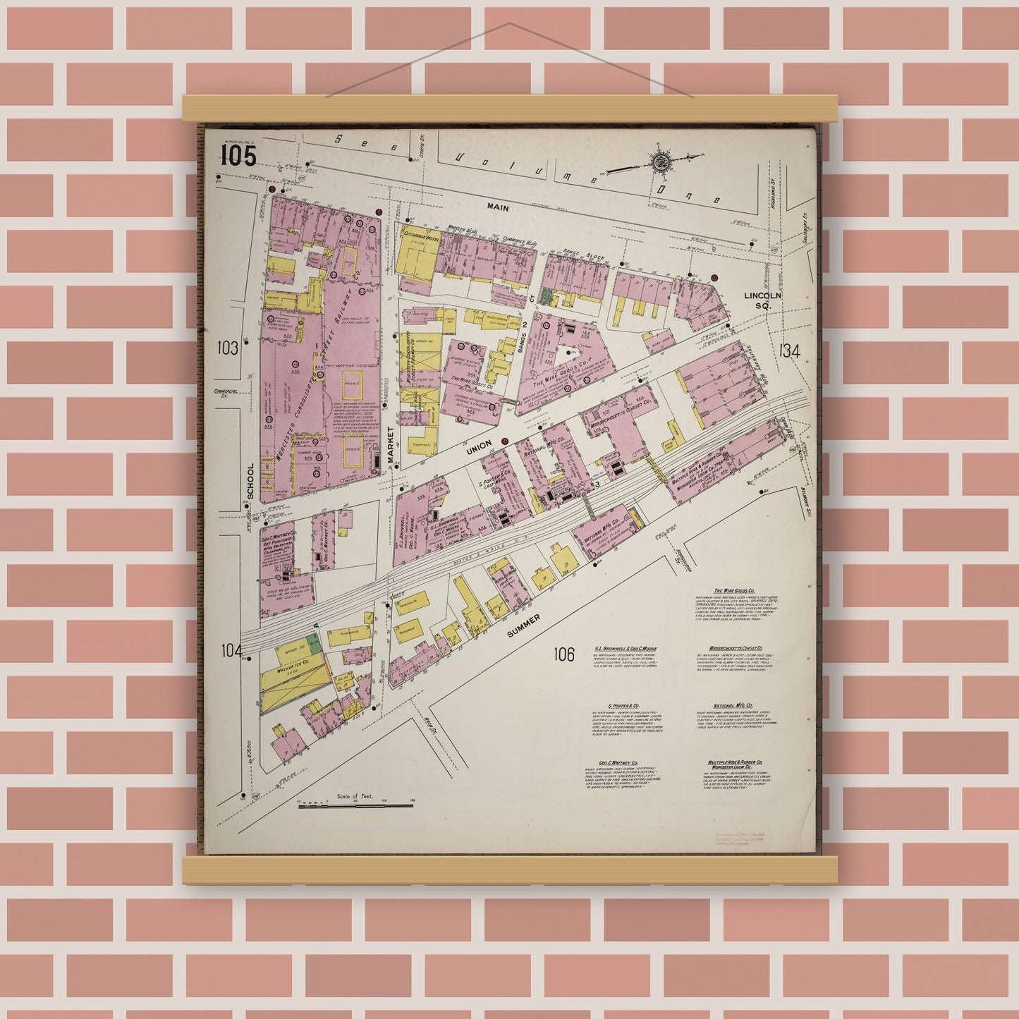 Old map wall art mockup — magnetic wood frame on brick wall — Sanborn Fire Insurance Map from Worcester, Worcester County, Massachusetts (1910), Sheet #0105