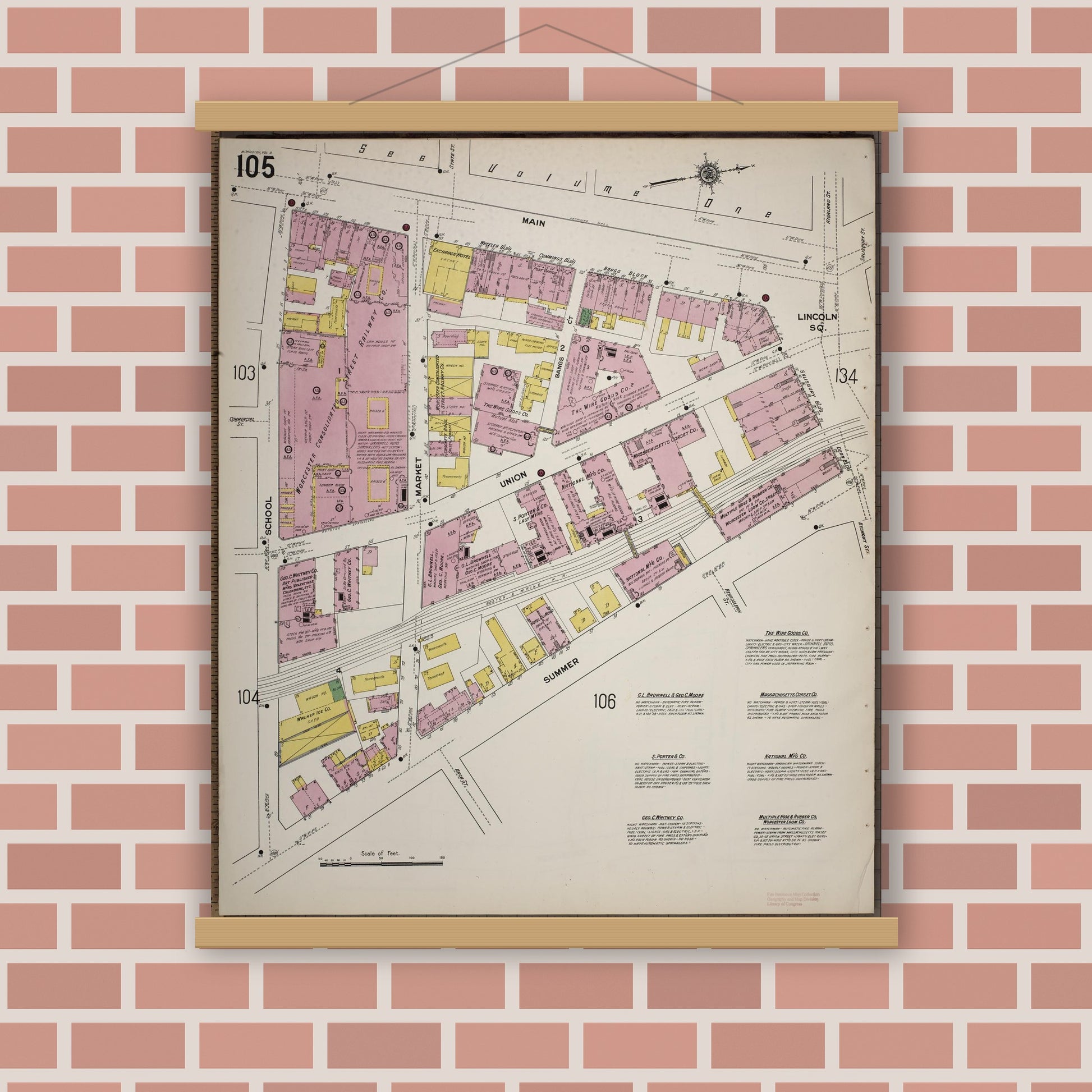Old map wall art mockup — magnetic wood frame on brick wall — Sanborn Fire Insurance Map from Worcester, Worcester County, Massachusetts (1910), Sheet #0105