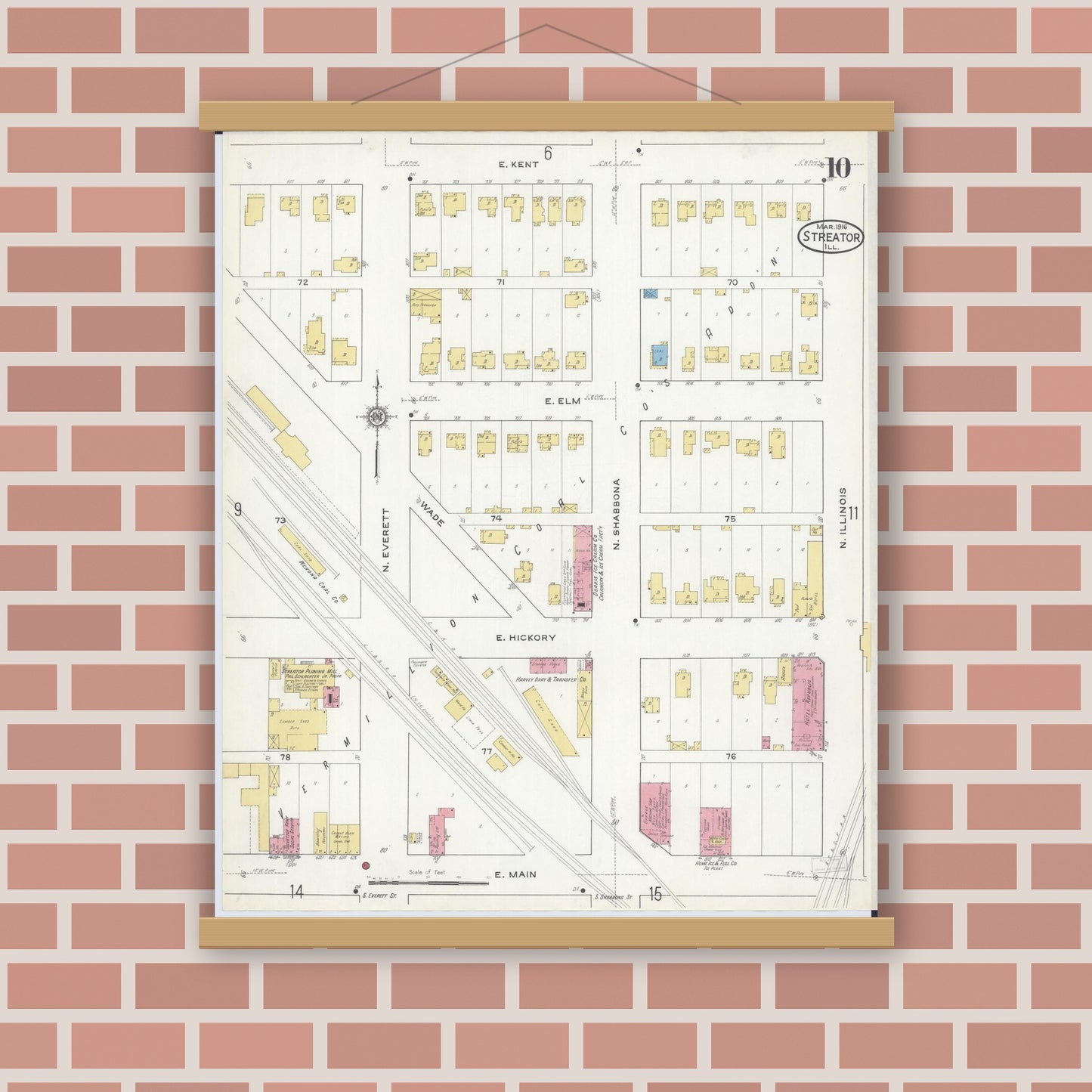 Old map wall art mockup — magnetic wood frame on brick wall — Sanborn Fire Insurance Map from Streator, La Salle County, Illinois (1916), Sheet #0010