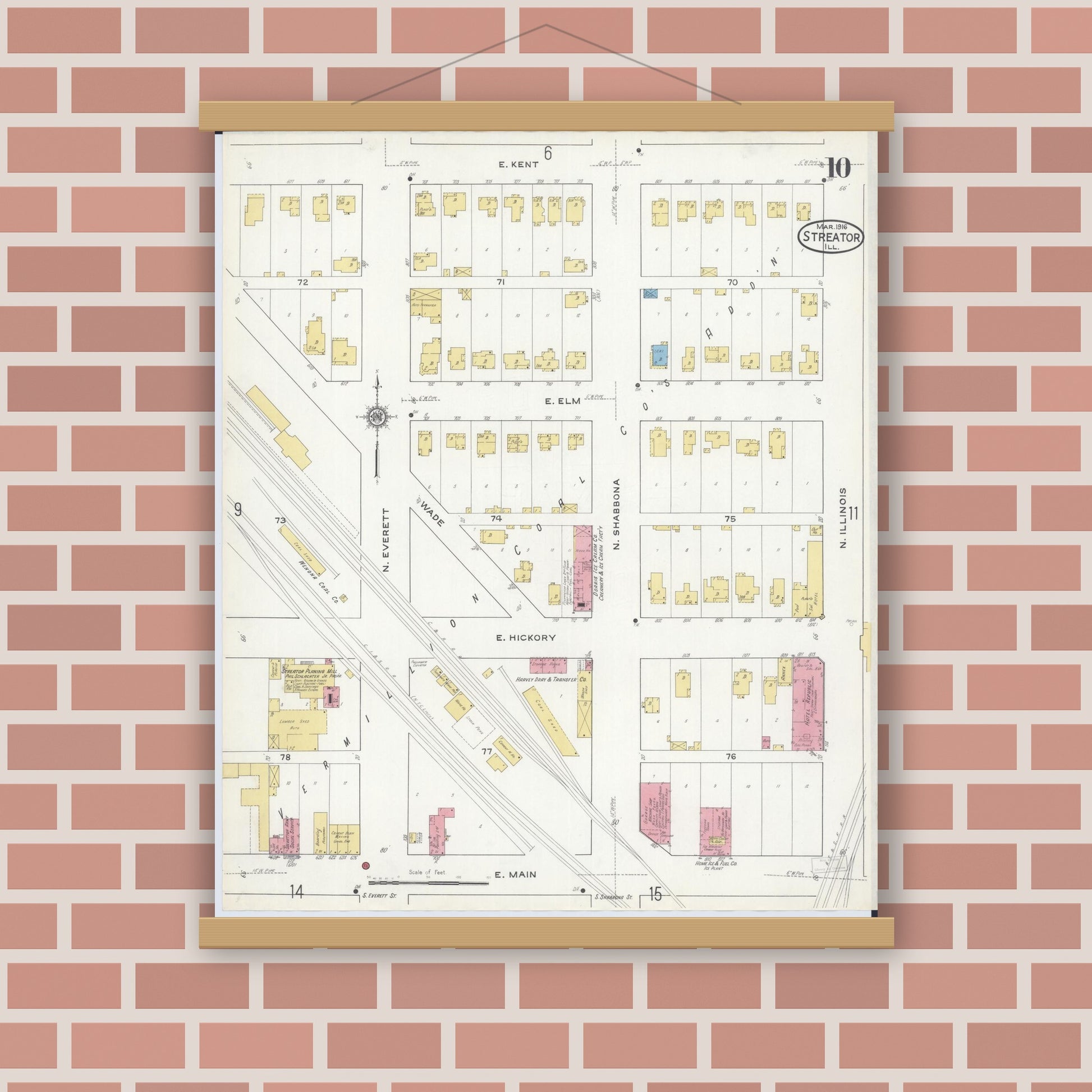 Old map wall art mockup — magnetic wood frame on brick wall — Sanborn Fire Insurance Map from Streator, La Salle County, Illinois (1916), Sheet #0010