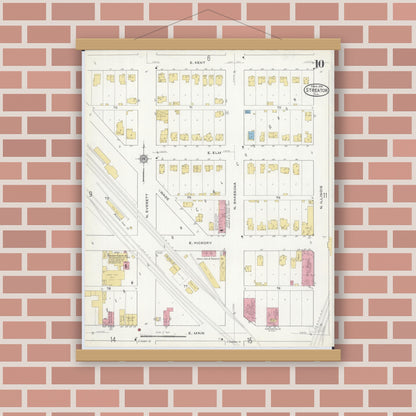 Old map wall art mockup — magnetic wood frame on brick wall — Sanborn Fire Insurance Map from Streator, La Salle County, Illinois (1916), Sheet #0010