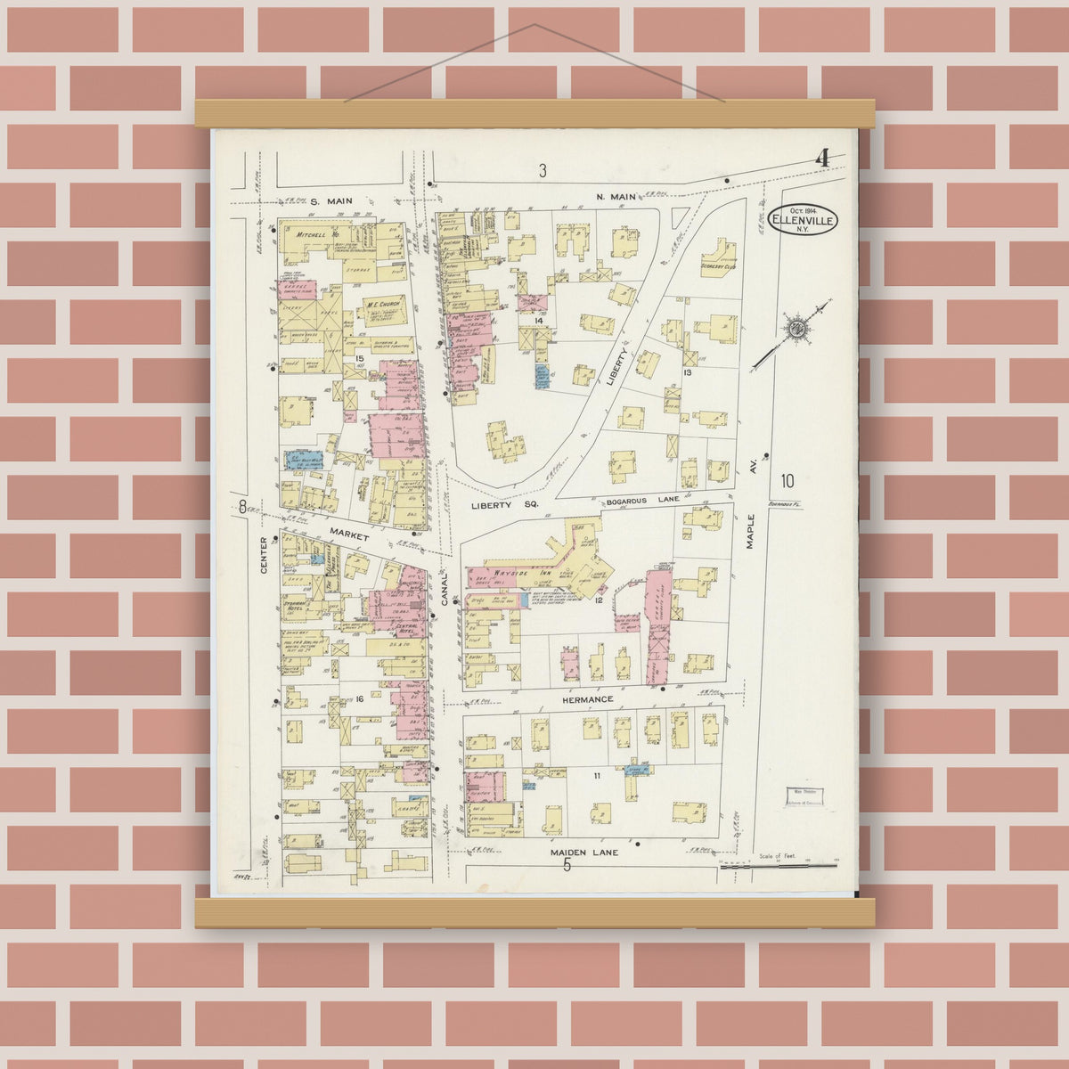 Old map wall art mockup — magnetic wood frame on brick wall — Sanborn Fire Insurance Map from Ellenville, Ulster County, New York (1914), Sheet #0004