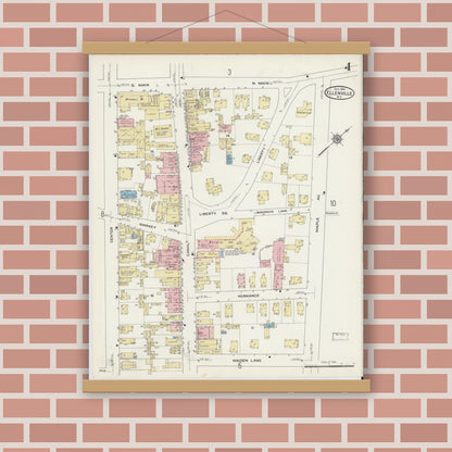 Old map wall art mockup — magnetic wood frame on brick wall — Sanborn Fire Insurance Map from Ellenville, Ulster County, New York (1914), Sheet #0004