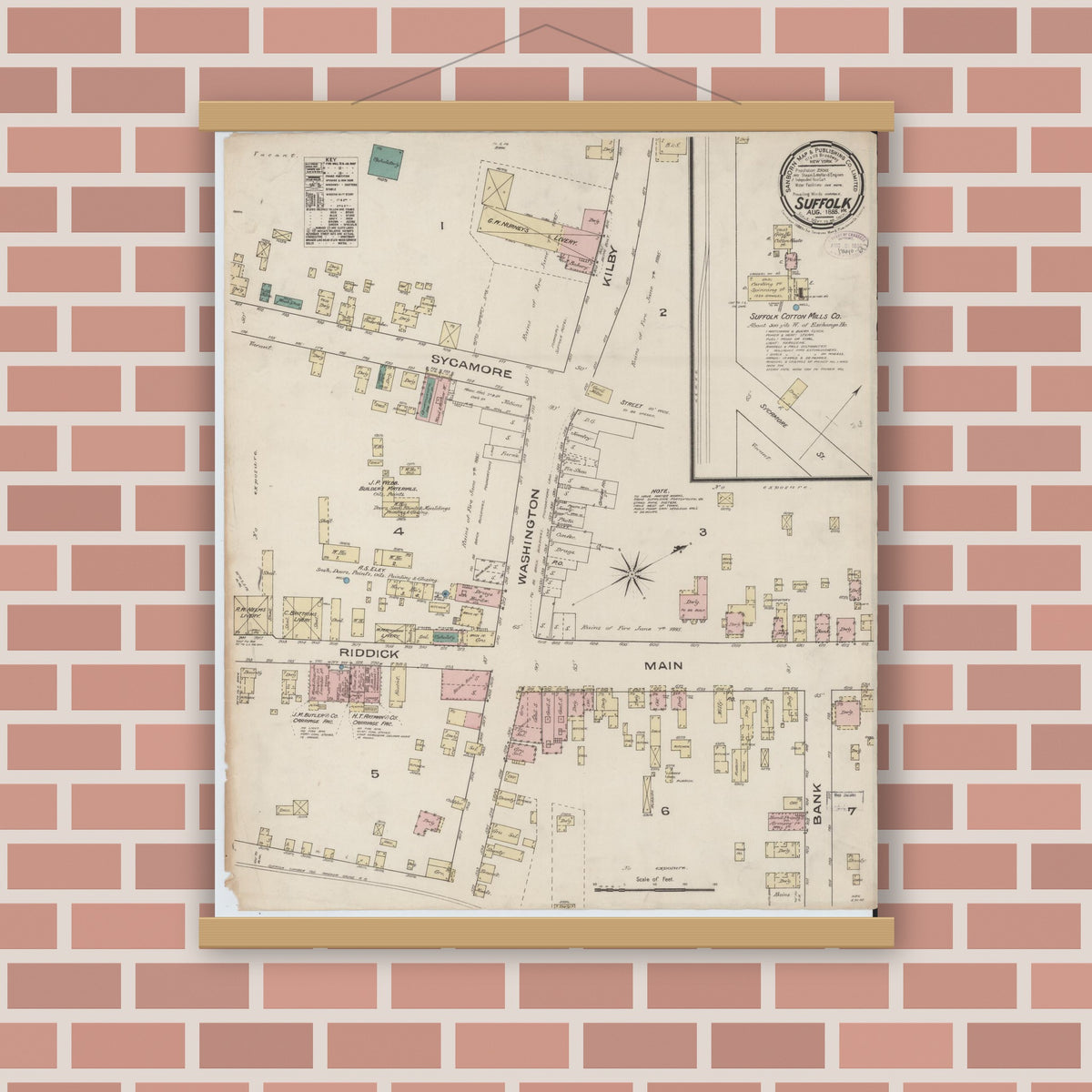 Old map wall art mockup — magnetic wood frame on brick wall — Sanborn Fire Insurance Map from Suffolk, Independent Cities, Virginia (1885), Sheet #0001