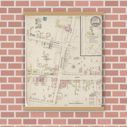 Old map wall art mockup — magnetic wood frame on brick wall — Sanborn Fire Insurance Map from Suffolk, Independent Cities, Virginia (1885), Sheet #0001
