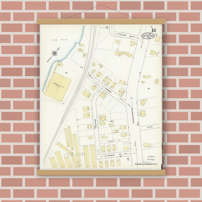 Old map wall art mockup — magnetic wood frame on brick wall — Sanborn Fire Insurance Map from Arlington, Middlesex County, Massachusetts (1914), Sheet #0014
