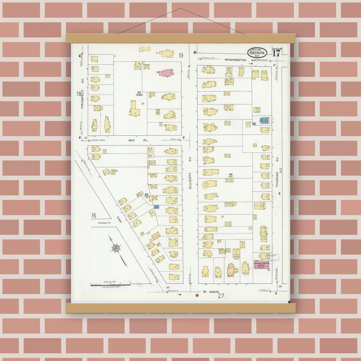 Old map wall art mockup — magnetic wood frame on brick wall — Sanborn Fire Insurance Map from Batavia, Genesee County, New York (1919), Sheet #0017